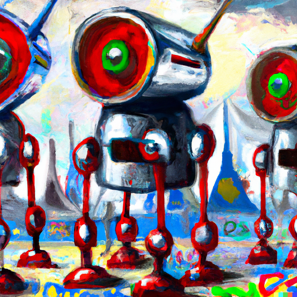 futuristic ai painting of chatbot robots in googly colours taking over the world