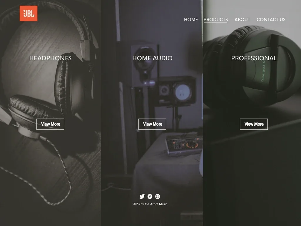 JBL website redesign product categories for headphones, home audio and professional audio