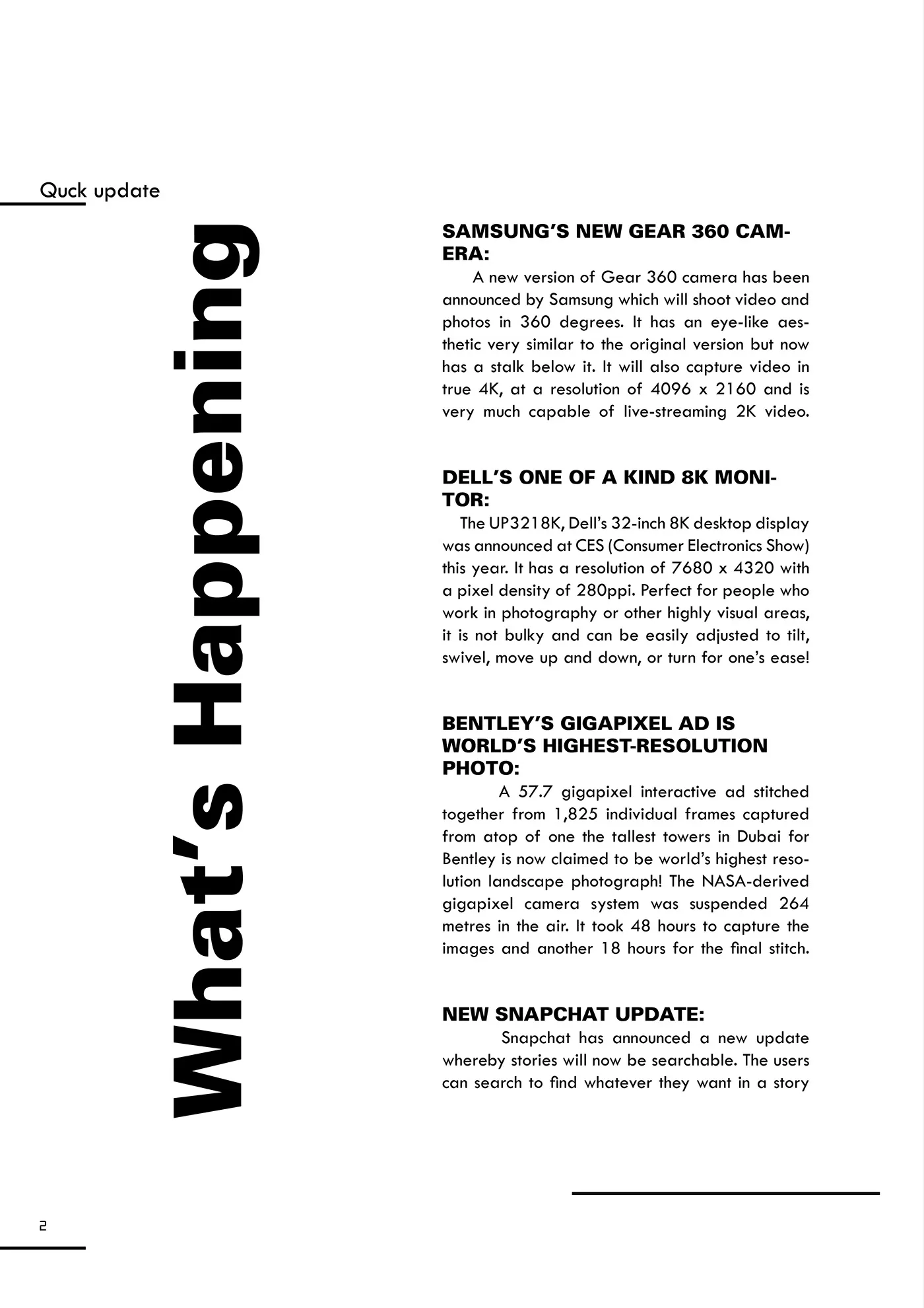 Magazine editorial page with vertical What’s Happening headline and a column of text