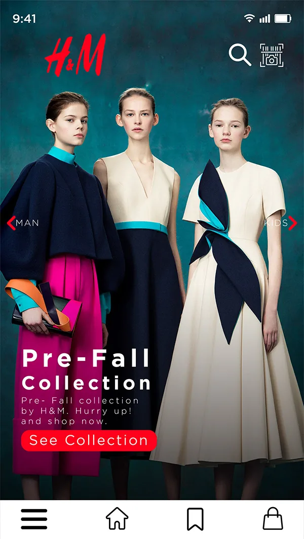 H&M mobile app redesign home screen with Pre-Fall Collection photography and navigation