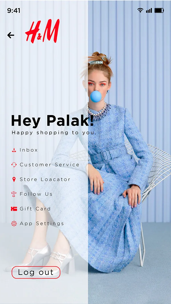 H&M mobile app redesign account screen with personalised greeting and fashion portrait