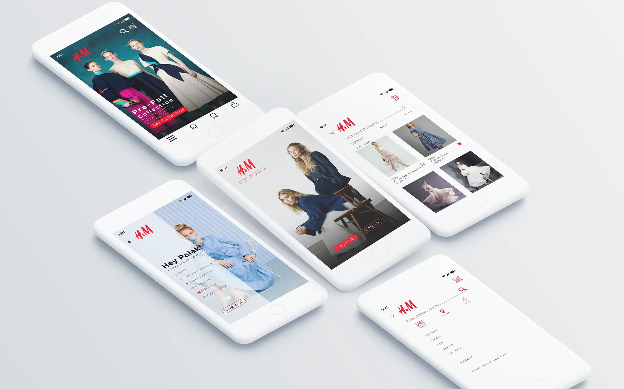 H&M mobile app redesign displayed across angled phone mockups