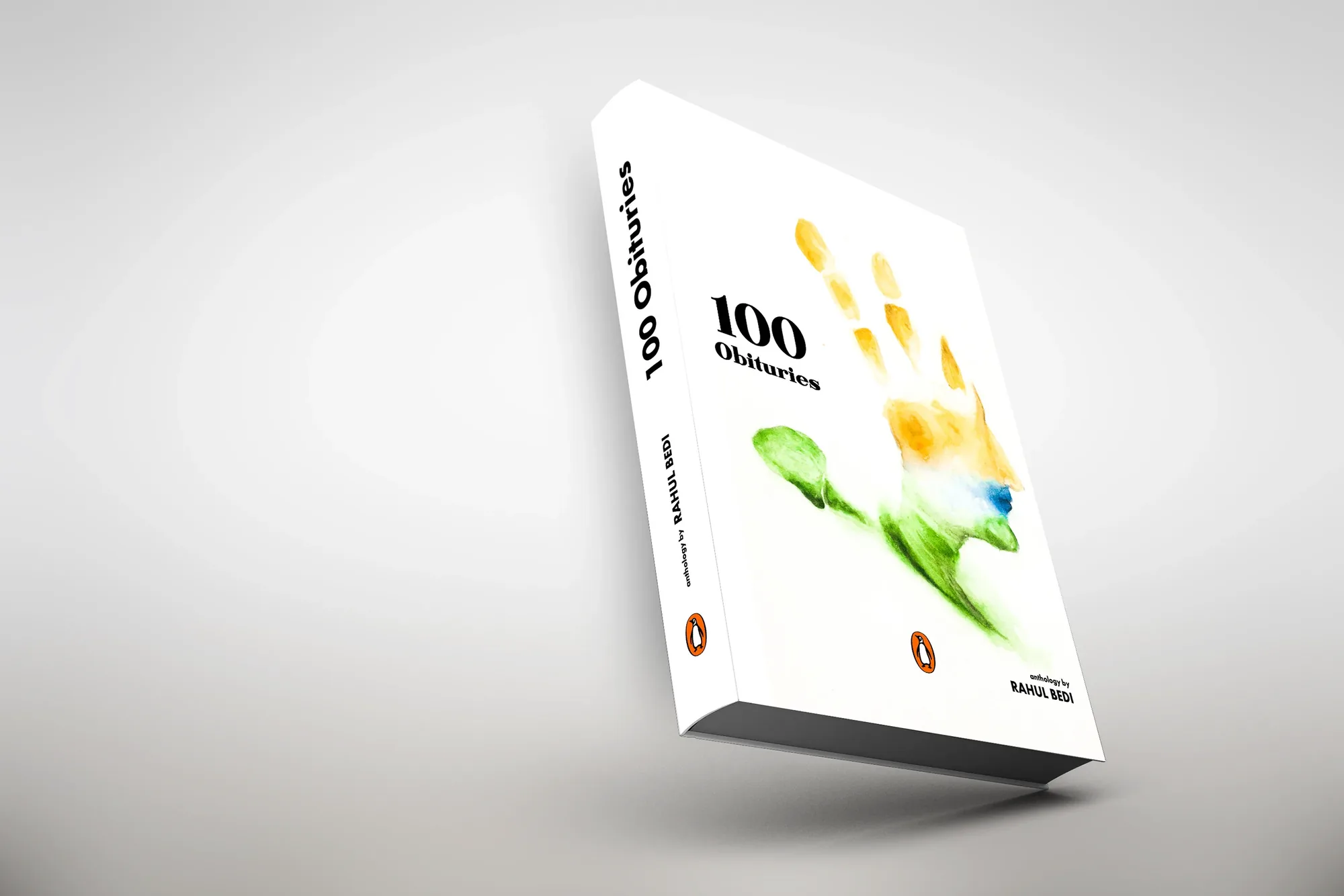 Book cover mockup with yellow floral artwork for 100 Obituaries