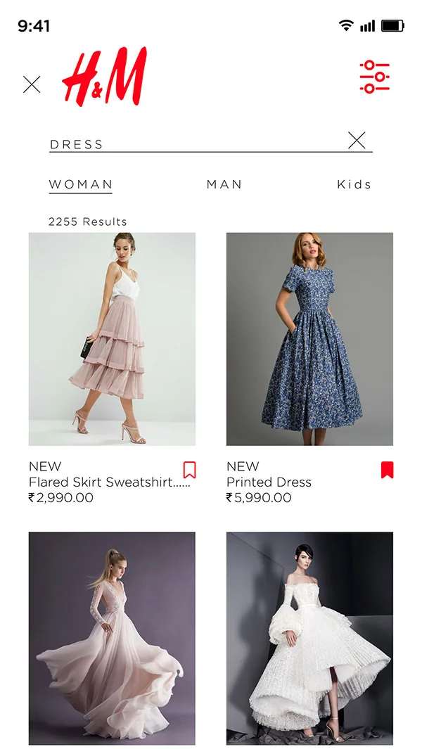 H&M mobile app redesign product grid with fashion items and prices