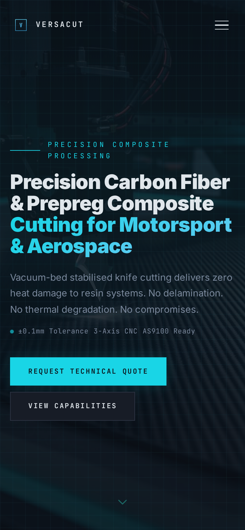 Versacut UK homepage on mobile with stacked headline, technical badges and quote actions
