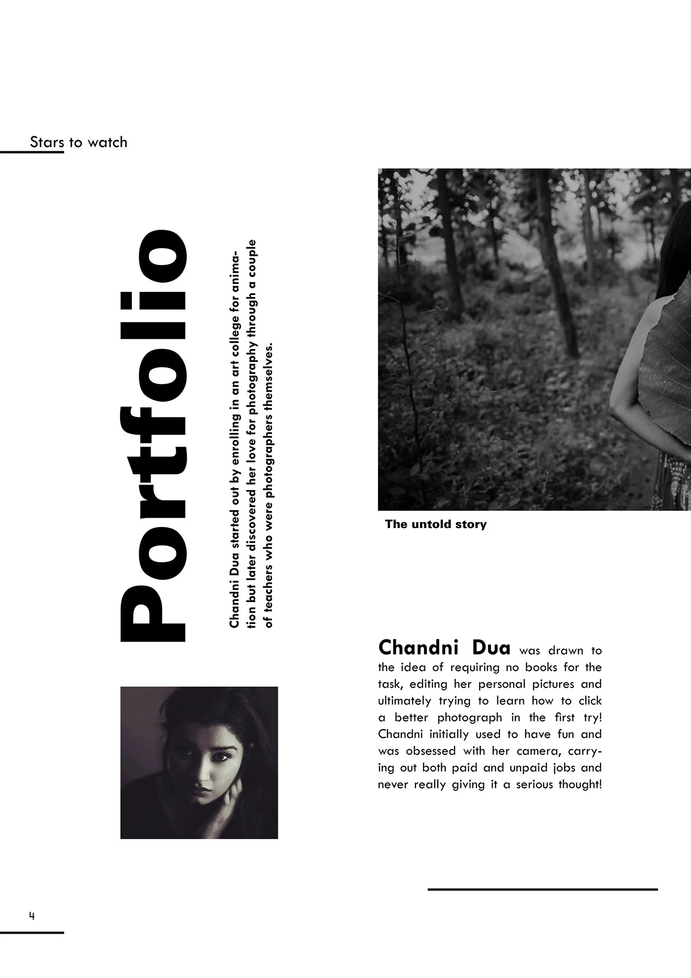 Magazine portfolio page with vertical headline, woodland photograph and artist portrait