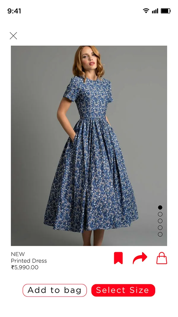 H&M mobile app redesign product detail screen with dress photography and purchase controls