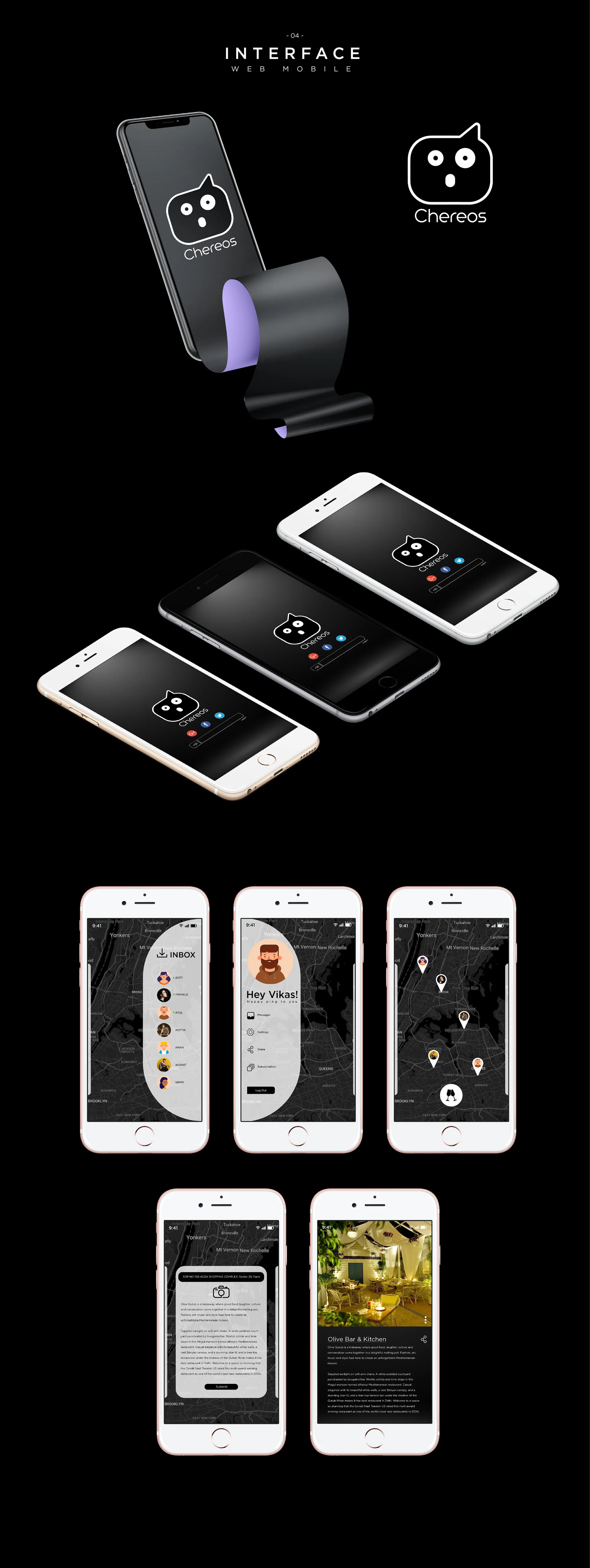 Chereos brand and mobile app presentation with character logo and interface screens