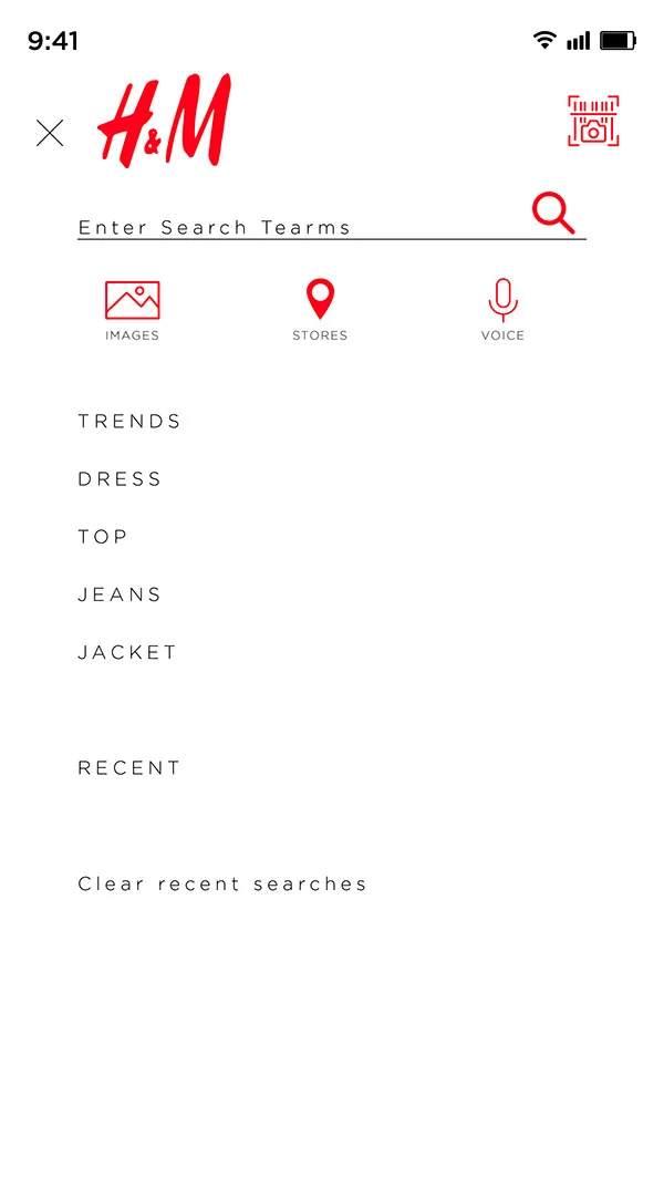 H&M mobile app redesign search screen with category shortcuts
