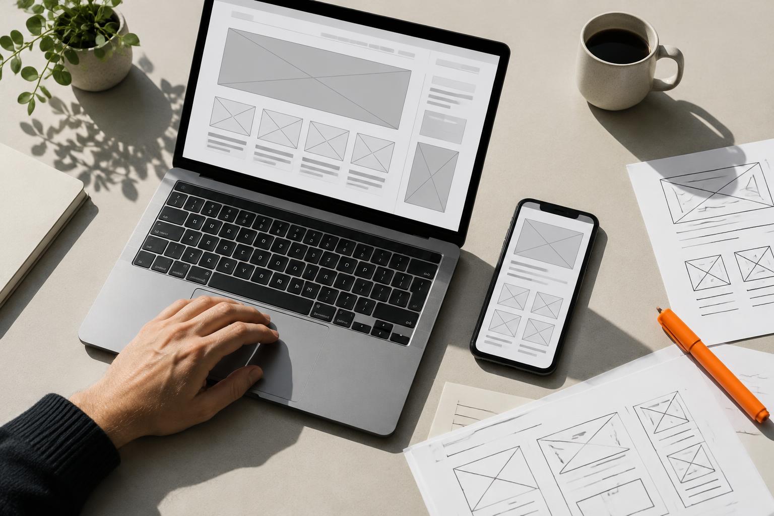 Website wireframes being developed across laptop, mobile and paper