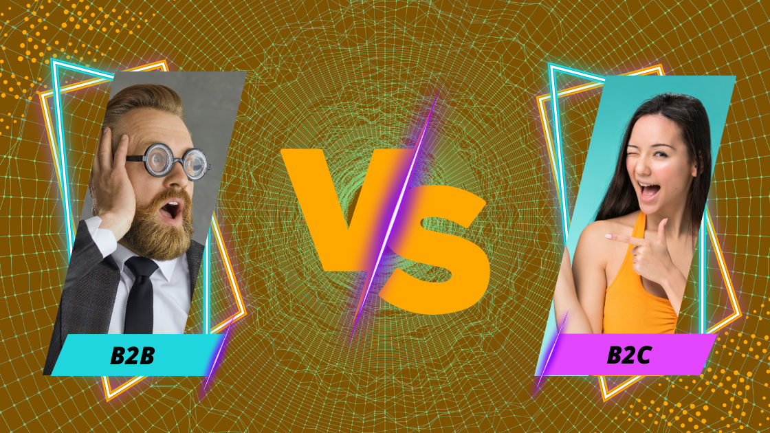 image depicts shocked man representing b2b marketing versus winking woman depicting b2c marketing