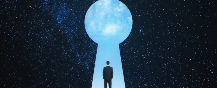 man entering a giant key hole in the sky - the inside of the key hole shows day time while the rest of the sky shows a night time sky full of stars